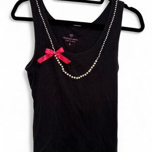 Victoria's Secret Women's 2000s Y2K Black Pearl Necklace Detail Bow Tank Top